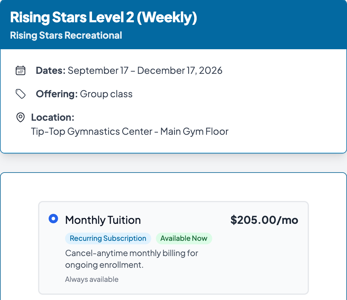 Parent registration for Rising Stars Level 2 at Tip-Top Gymnastics Center, with monthly tuition of $205.