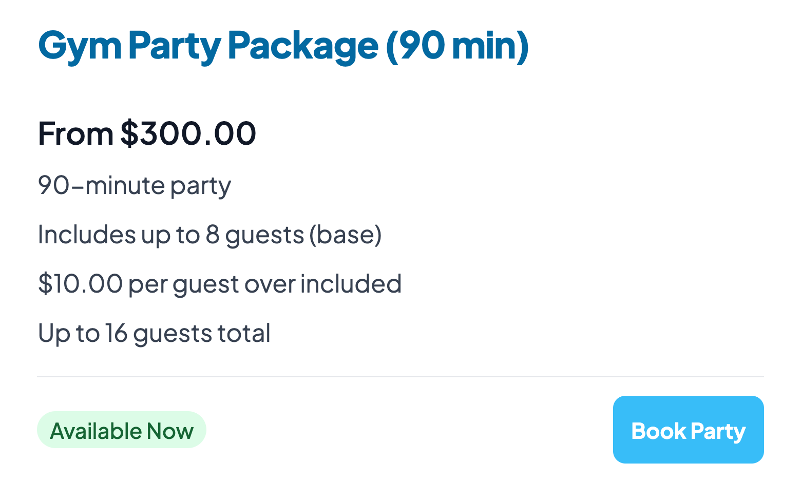 Tip-Top Gymnastics Center party packages, with a $300 gym party and a Book Party button.