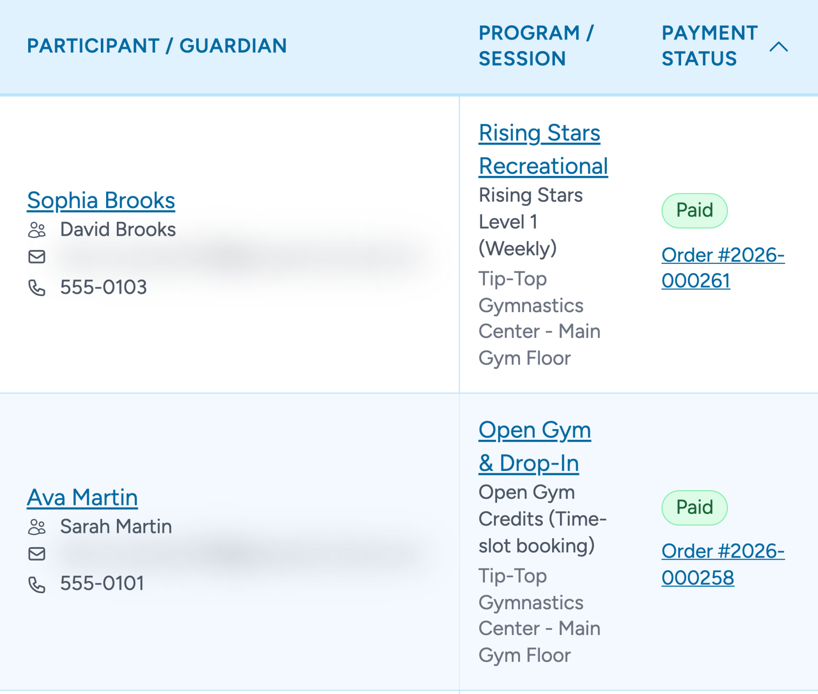 Program registrations for Tip-Top Gymnastics Center, with paid enrollments in Rising Stars and Open Gym.