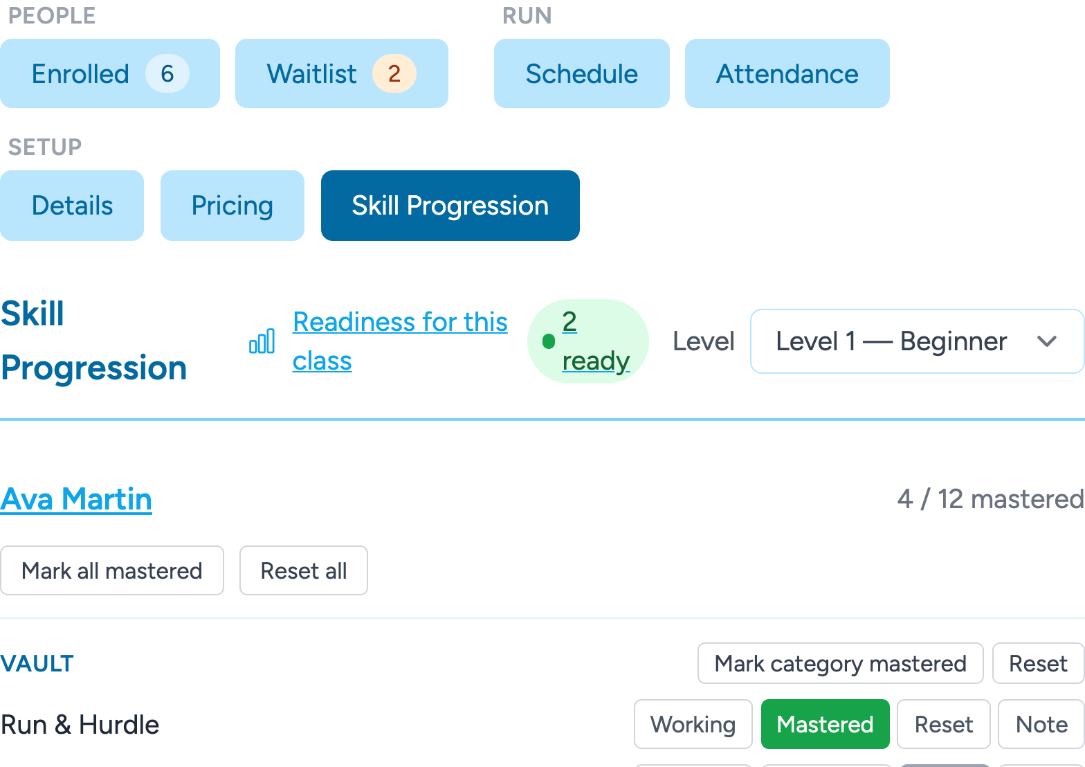 Skill progression for a Tip-Top Gymnastics class, with mastered vault skills, a waitlist, and gymnasts ready to move up.