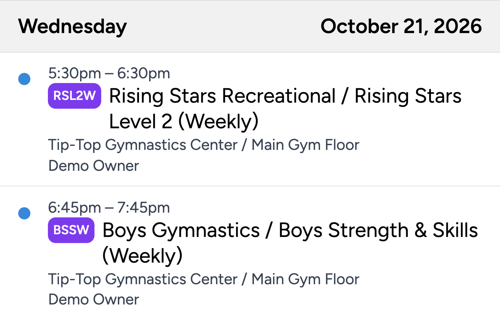 Wednesday class list at Tip-Top Gymnastics Center, with Rising Stars Level 2 and Boys Strength and Skills on the Main Gym Floor.